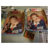 2 COCA-COLA TIN TRAYS AND MINIATURE COKE CRATE
