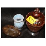 3PC MILK GLASS VASE, PIG COIN BANK, AND COVERED