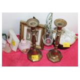 BRASS CANDLE HOLDERS, AND ASSORTED FIGURENS