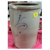 5 GALLON CROCK CHURN WITH BLUE DECORATIONS