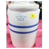 3 GALLON CROWN CROCK WITH 2 BLUE STRIPES WITH LID