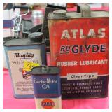 3 ADVERTISING CANS ATLAS RUBBER LUBRIBANT, MAYTAG