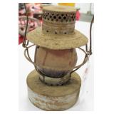 VINTAGE LANTERN WITH RED GLASS - MARKED: HANDLIN VINTAGE LANTERN WITH RED GLASS - MARKED: HANDLIN