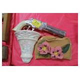 GROUPING: 2 CERAMIC WALL POCKETS AND AVON "GUN" GROUPING: 2 CERAMIC WALL POCKETS AND AVON "GUN"