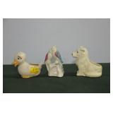 3 CERAMIC PLANTERS: DUCK, DOG AND BIRDS (CRACKED 3 CERAMIC PLANTERS: DUCK, DOG AND BIRDS (CRACKED