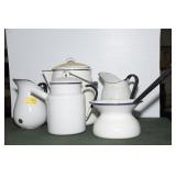 GROUPING: ENAMELWARE COFFEE POT, PITCHERS, GROUPING: ENAMELWARE COFFEE POT, PITCHERS,