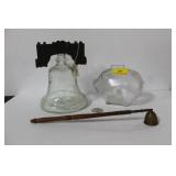 GLASS PIGGY BANK AND GLASS LIBERTY BELL MADE FOR