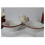 RED AND WHITE ENAMELWARE - 22 PCS. PLATES, BOWL,