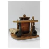 MID CENTURY PIPE RACK WITH AMBER GLASS HUMIDOR, 2 MID CENTURY PIPE RACK WITH AMBER GLASS HUMIDOR, 2