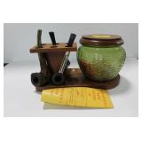 MID CENTURY PIPE RACK WITH GREEN GLASS HUMIDOR, 3 MID CENTURY PIPE RACK WITH GREEN GLASS HUMIDOR, 3