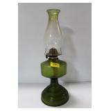 GREEN GLASS OIL LAMP WITH CHIMNEY