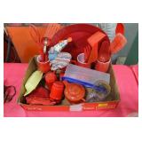 GROUPING OF RED KITCHENWARE AND UTENSILS