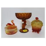 2 COVERED CANDY DISHES AND 1 OPEN COMPOTE 2 COVERED CANDY DISHES AND 1 OPEN COMPOTE