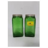 PAIR OF VINTAGE GREEN GLASS KITCHEN STORAGE JARS PAIR OF VINTAGE GREEN GLASS KITCHEN STORAGE JARS