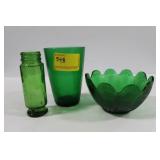 GREEN GLASS BOWL, GLASS AND BOTTLE