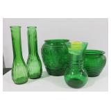 5 FOREST GREEN VASES AND PLANTERS