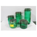 5 GREEN GLASS KITCHEN STORAGE JARS