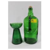 GREEN GLASS VASE AND BOTTLE