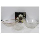 JAM SET IN BOX AND 2 CRYSTAL SANDWICH GLASS BOWLS