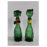 GREEN GLASS CAT AND DOG BOTTLES