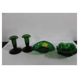 GREEN GLASS BOWLS AND CANDLE STICKS - 5 PCS. GREEN GLASS BOWLS AND CANDLE STICKS - 5 PCS.