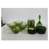 GREEN GLASS CUPS, BELL, CANDLE STICKS AND SALT & GREEN GLASS CUPS, BELL, CANDLE STICKS AND SALT &