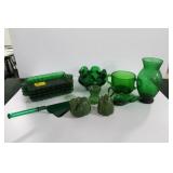 GREEN GLASS TRAYS, VASE, ETC. - 12 PCS. (CAKE