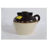 BROWN AND WHITE CROCK BEAN POT - MARKED: USA