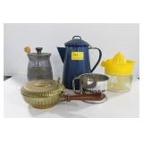 GROUPING: ENAMELWARE COFFEE POT, CERAMIC HONEY