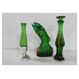 2 GREEN GLASS BOTTLES AND 1 VASE