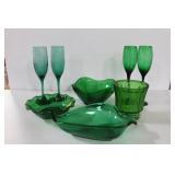 GROUPING: GREEN GLASSWARE - STEMS, BOWLS, ETC. - GROUPING: GREEN GLASSWARE - STEMS, BOWLS, ETC. -