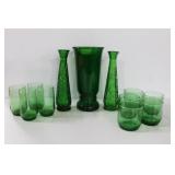 GROUPING: GREEN GLASSWARE - VASES AND JUICE