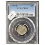 1943-S MERCURY DIME - PCGS GRADED MS66