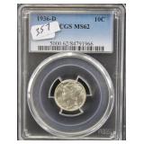 1936-D MERCURY DIME - PCGS GRADED MS62