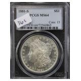 1881-S MORGAN SILVER DOLLAR - PCGS GRADED MS64