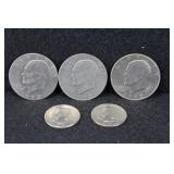 3 - 1972 EISENHOWER DOLLARS AND 2 - 1979 SUSAN B.