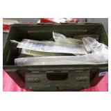 METAL ARMY AMMO CAN WITH ASSORTED PARTS AND