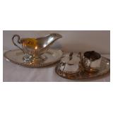 SILVER PLATED CREAM AND SUGER, TRAY, GRAVY BOWL SILVER PLATED CREAM AND SUGER, TRAY, GRAVY BOWL