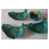 3 TEAL ROOSTER HALF PLATES AND BOWL