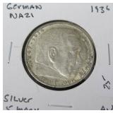 1936 GERMAN NAZI SILVER 5 MARK AU