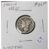 1921 D MERCURY DIME RARE DATE  VG