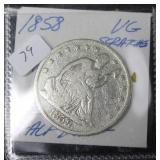 1858 O SEATED HALF DOLLAR VG