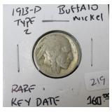 1913 D TYPE TWO NICKEL   RARE DATE  AG