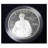 THOMAS EDISON PROOF SILVER DOLLAR W BOX PAPERS THOMAS EDISON PROOF SILVER DOLLAR W BOX PAPERS