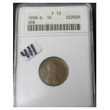 1909-S VDB LINCOLN PENNY - ANAX GRADED F-12 1909-S VDB LINCOLN PENNY - ANAX GRADED F-12