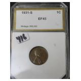 1931-S LINCOLN CENT - GRADED EF45 MINTAGE: