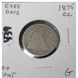 1875-CC SEATED 20¢ PIECE - RARE DATE - G 1875-CC SEATED 20¢ PIECE - RARE DATE - G