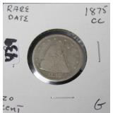 1875-CC SEATED 20¢ PIECE - RARE DATE - G