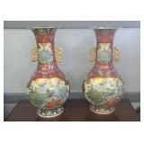 (2) RED ORIENTAL VASES - SIGNED - 32"