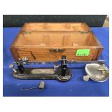 ANTIQUE PHARMACY SCALE WITH OAK CASE - 12"